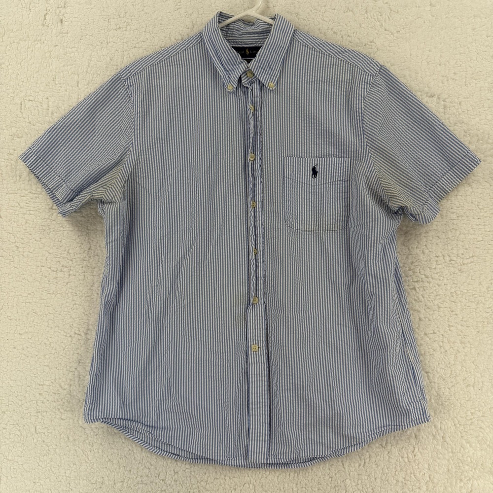Ralph Lauren Shirt Mens Medium Large Blue Seersucker Button Down Short‎ Sleeve